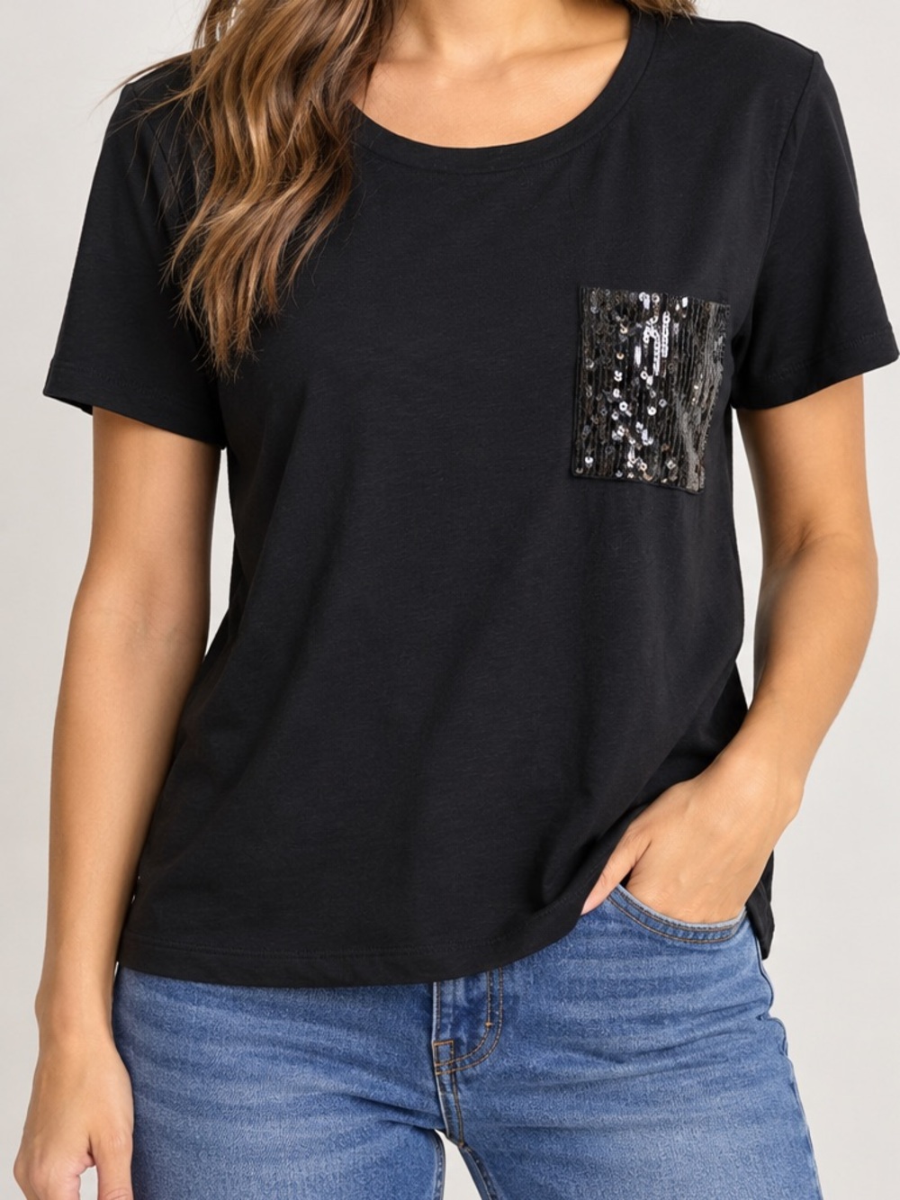 Dkny Black Short Sleeve Tee with Sequin Pocket M